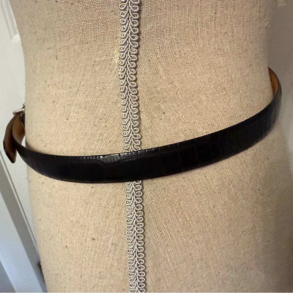 LAUREN RALPH LAUREN LRL BELT BLACK LEATHER CROC LOOK SILVER TONE BUCKLE SKINNY S
